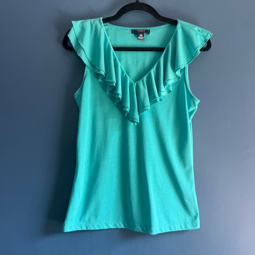 Y2K Ruffle Tank Top Women's Size Small Turquoise Blue Chaps Sleeveless Vintage